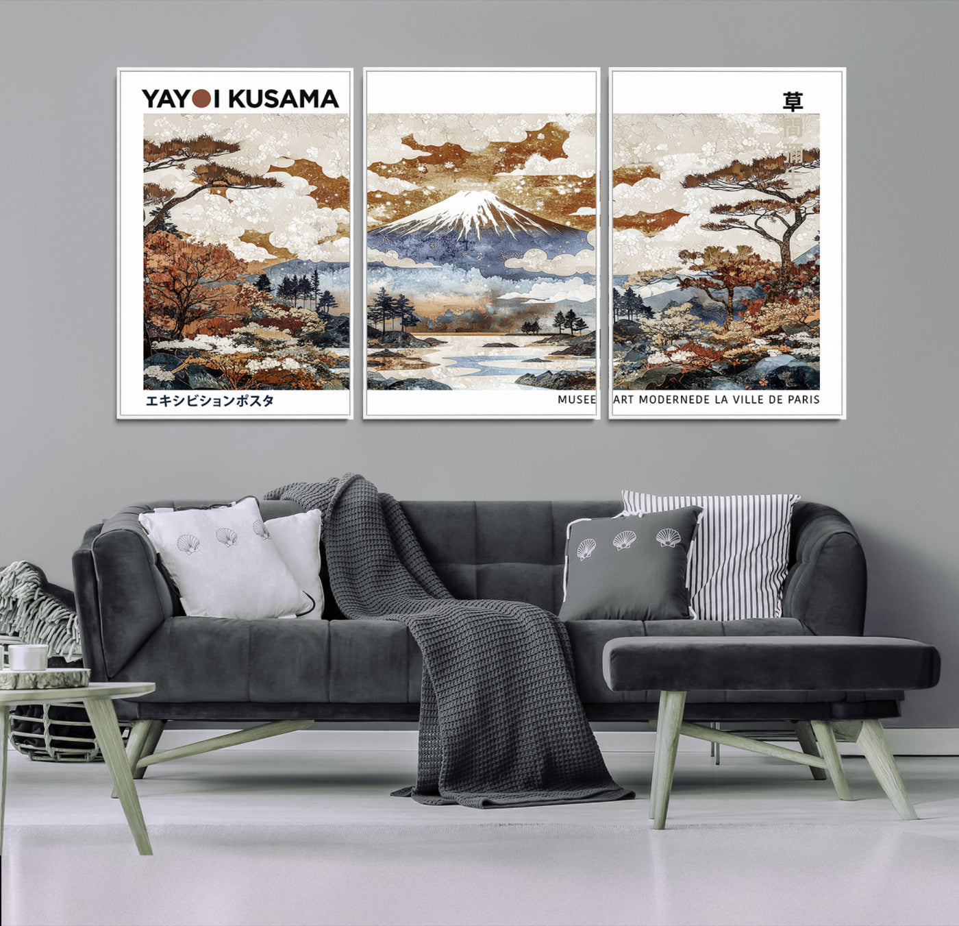 80111817-MGV-FC-60X30-3P_White-Modern Japanese Mount Fuji Canvas Print, Yayoi Kusama Canvas Wall Art, Abstract Mount Fuji Canvas Print, Japanese Landscape Art Printing
