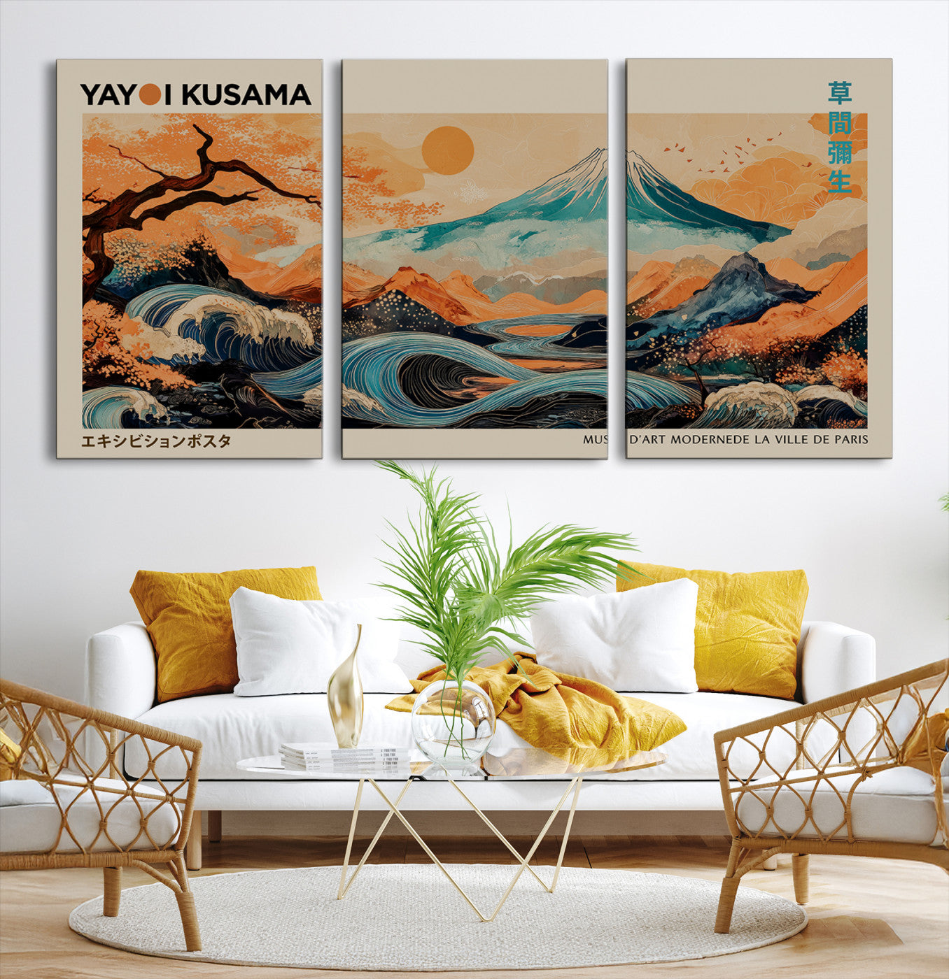 22373530-MGV-CV-36X24-Modern Japanese Wall Art Canvas Print – Framed Yayoi Kusama Abstract Mount Fuji Artwork for Home or Office, Living Room