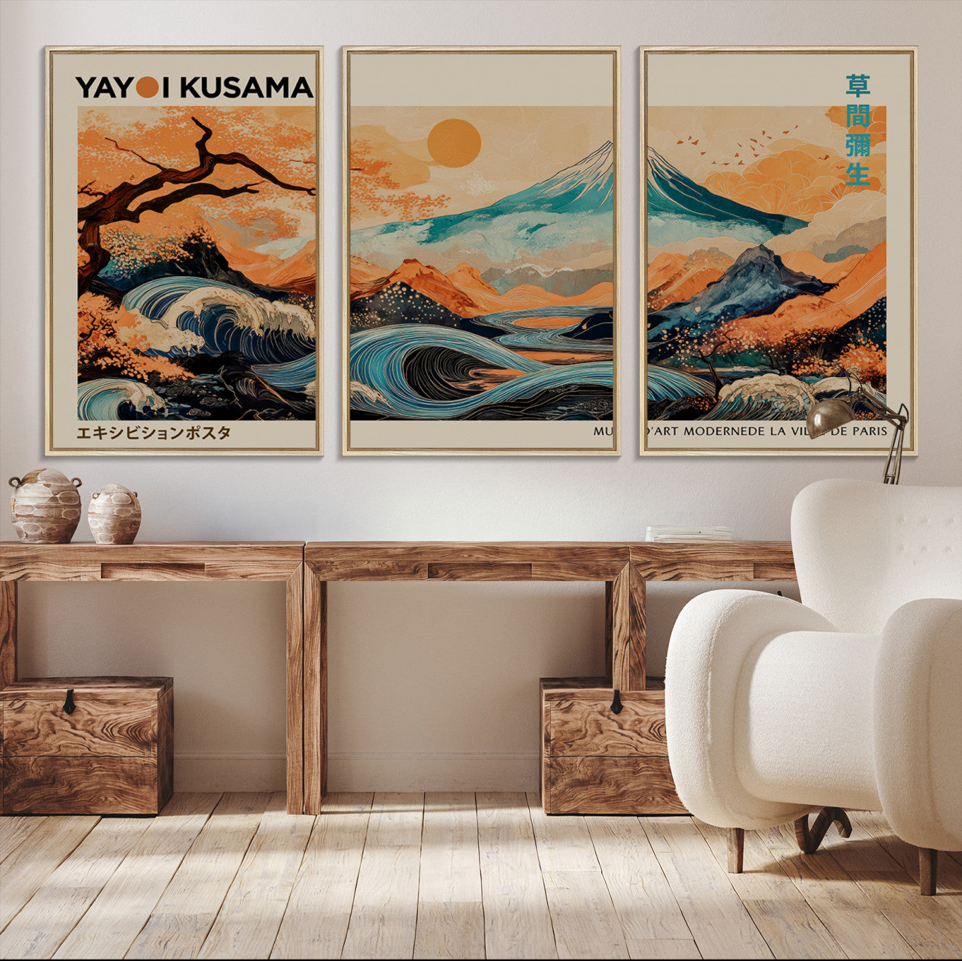 22373530-MGV-CV-36X24-Modern Japanese Wall Art Canvas Print – Framed Yayoi Kusama Abstract Mount Fuji Artwork for Home or Office, Living Room