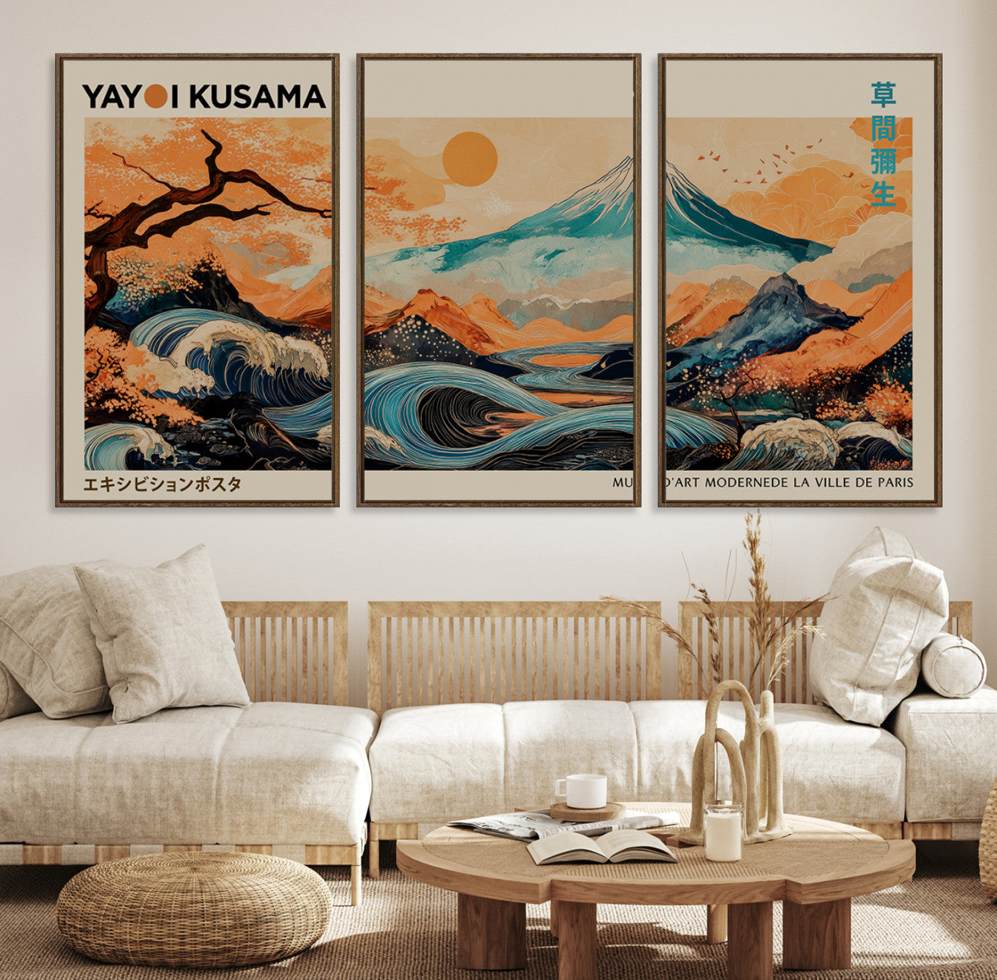 22373530-MGV-CV-36X24-Modern Japanese Wall Art Canvas Print – Framed Yayoi Kusama Abstract Mount Fuji Artwork for Home or Office, Living Room