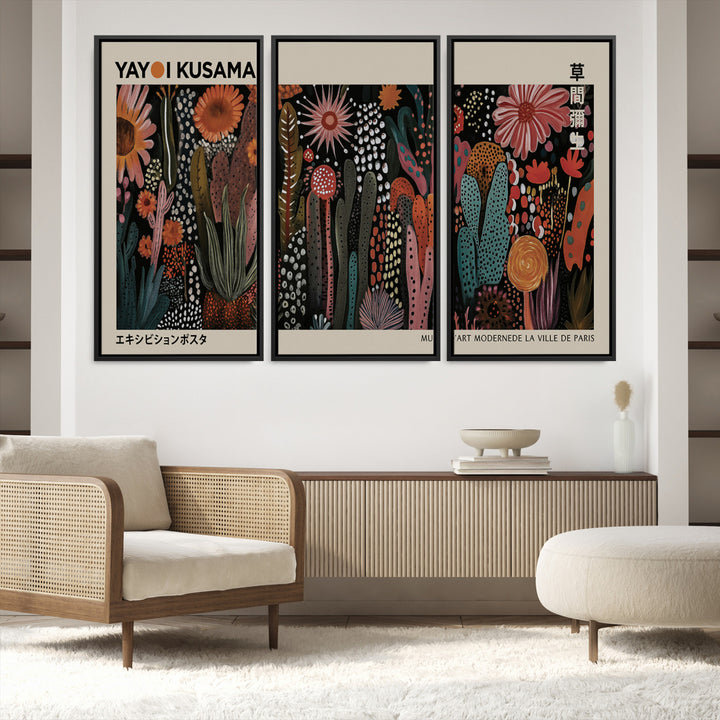 28344895-MGV-FC-48X32-3P_Black-Modern Japanese Wall Art Print Yayoi Kusama Canvas Wall Art Abstract Mount Fuji Canvas Print Japanese Landscape Art Printing