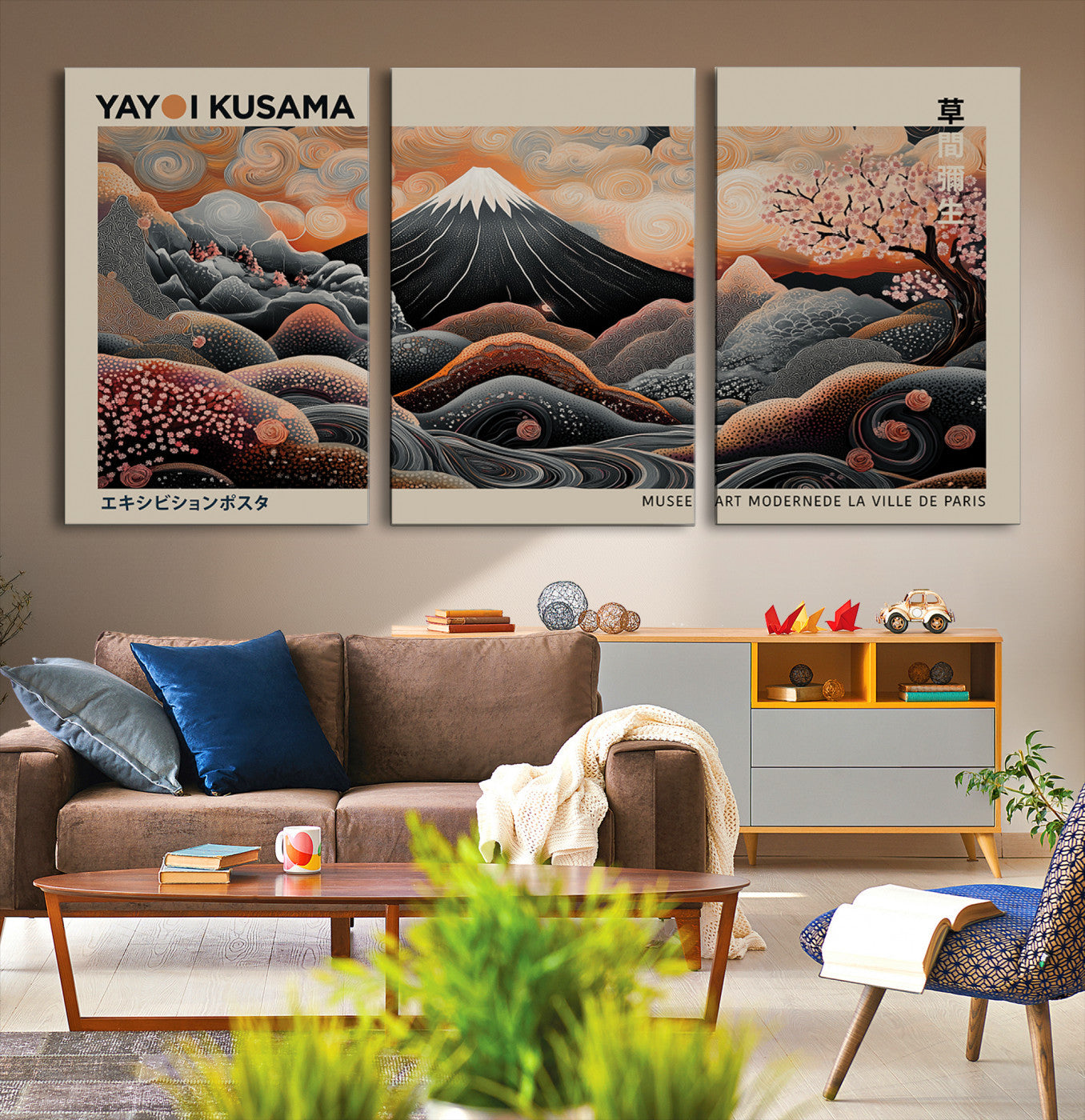 55739266-MGV-CV-36X24-Modern Japanese Wall Art Canvas Print – Framed Yayoi Kusama Abstract Mount Fuji Artwork for Home or Office, Living Room