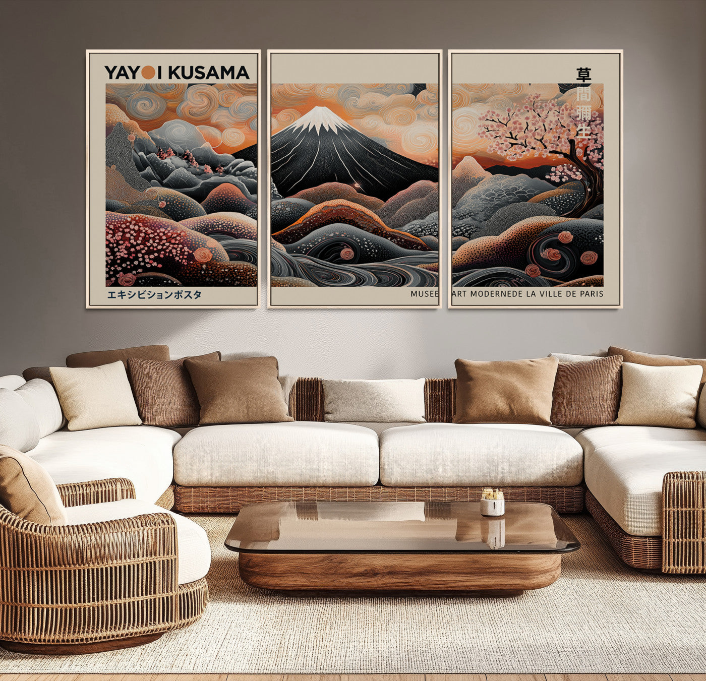 55739266-MGV-CV-36X24-Modern Japanese Wall Art Canvas Print – Framed Yayoi Kusama Abstract Mount Fuji Artwork for Home or Office, Living Room