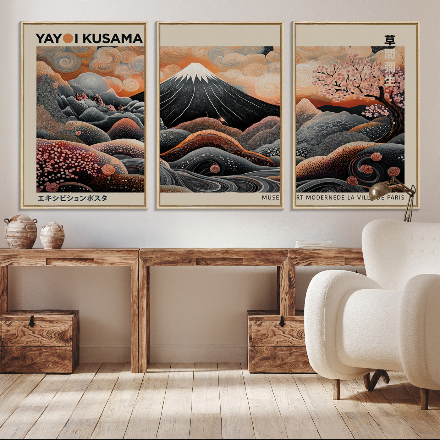 55739266-MGV-CV-36X24-Modern Japanese Wall Art Canvas Print – Framed Yayoi Kusama Abstract Mount Fuji Artwork for Home or Office, Living Room
