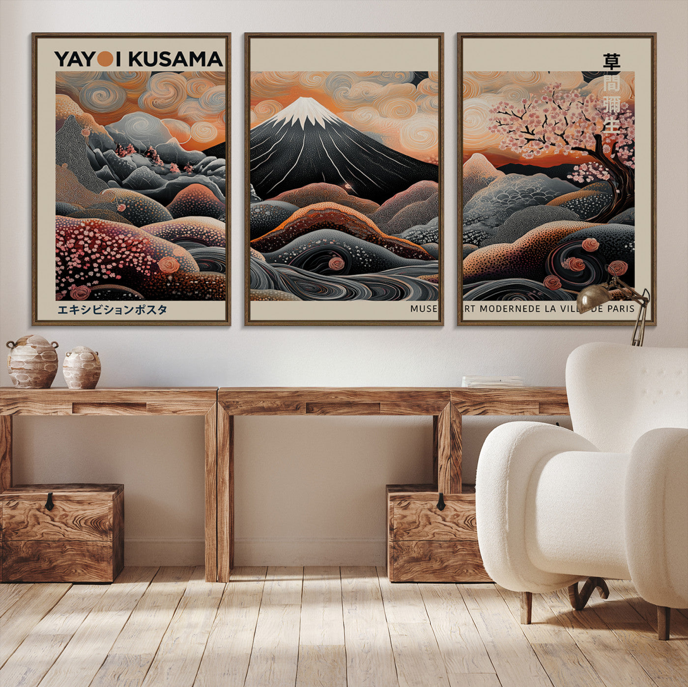 55739266-MGV-CV-36X24-Modern Japanese Wall Art Canvas Print – Framed Yayoi Kusama Abstract Mount Fuji Artwork for Home or Office, Living Room