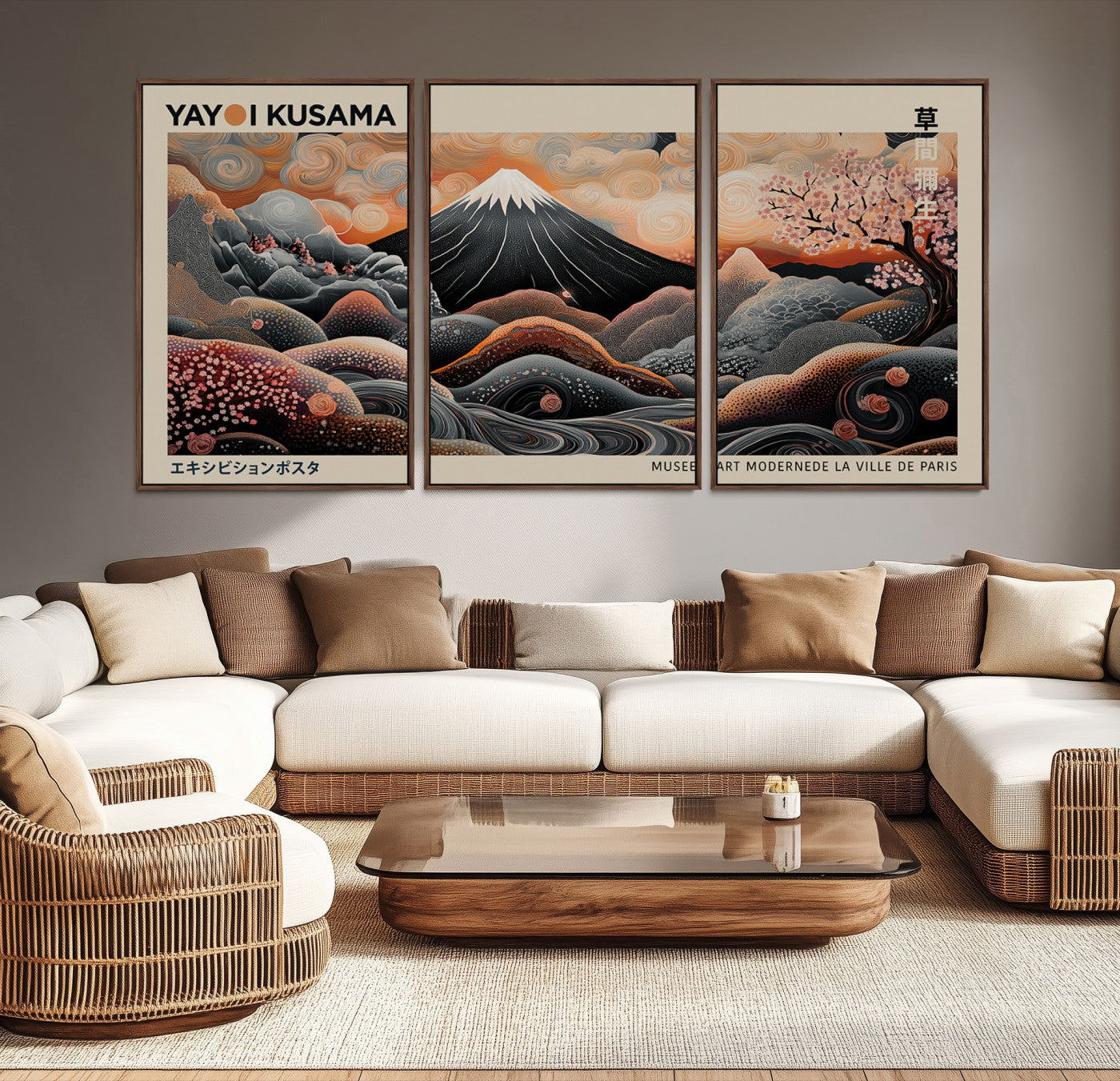 55739266-MGV-CV-36X24-Modern Japanese Wall Art Canvas Print – Framed Yayoi Kusama Abstract Mount Fuji Artwork for Home or Office, Living Room