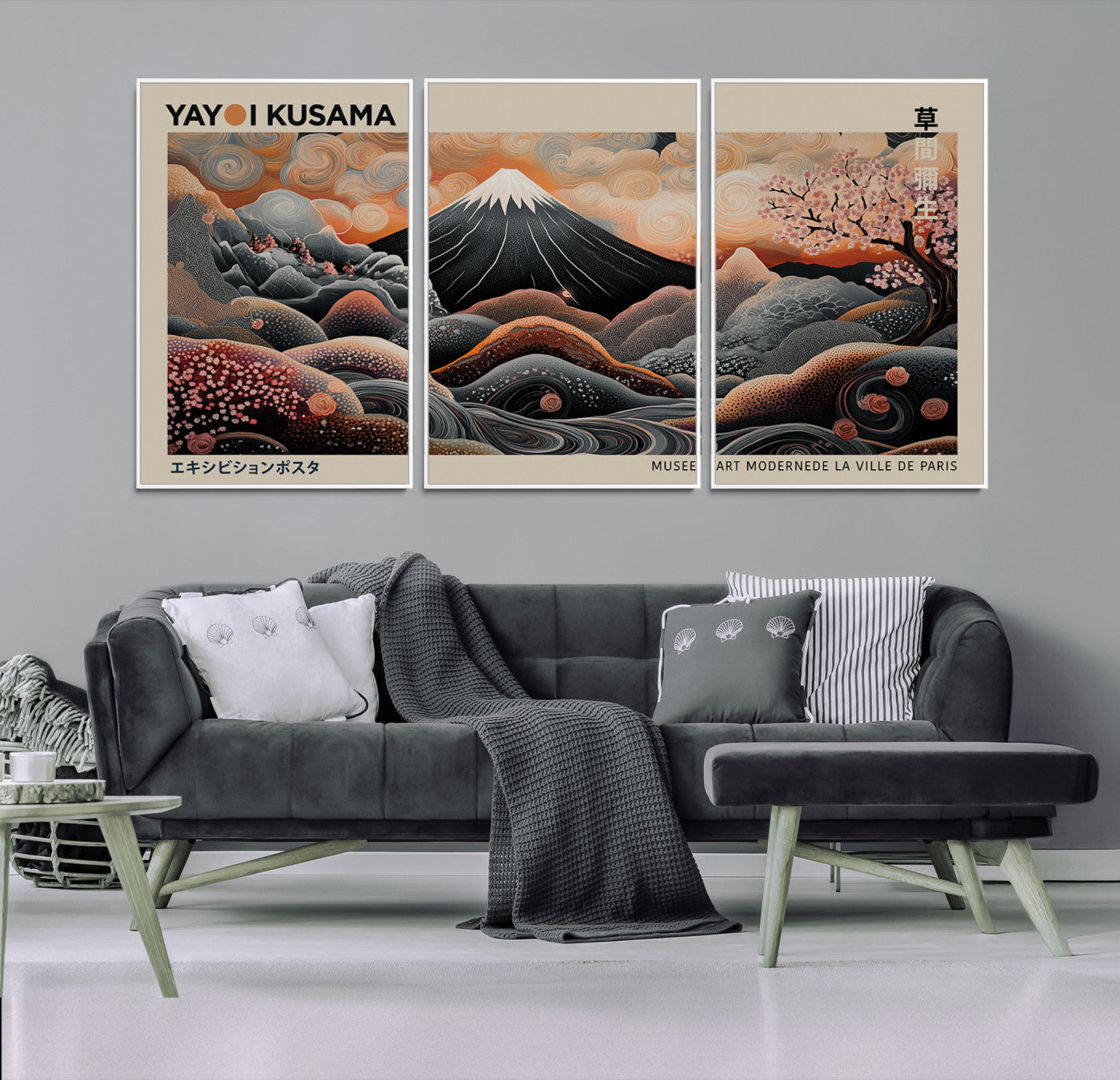 55739266-MGV-FC-60X30-3P_White-Modern Japanese Wall Art Canvas Print – Framed Yayoi Kusama Abstract Mount Fuji Artwork for Home or Office, Living Room