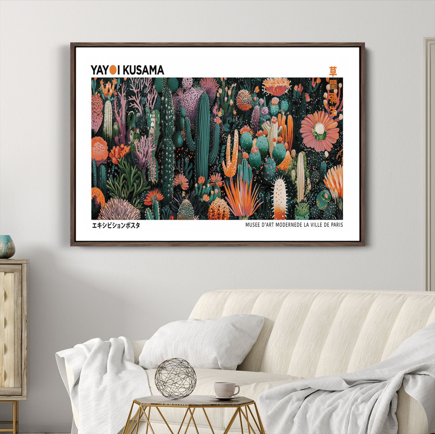 13391380-MGC-FP-36x24_Walnut-Modern Japanese Wall Art Print, Yayoi Kusama Print Wall Decor, Abstract Mount Fuji Canvas Print, Japanese Landscape Art Printing