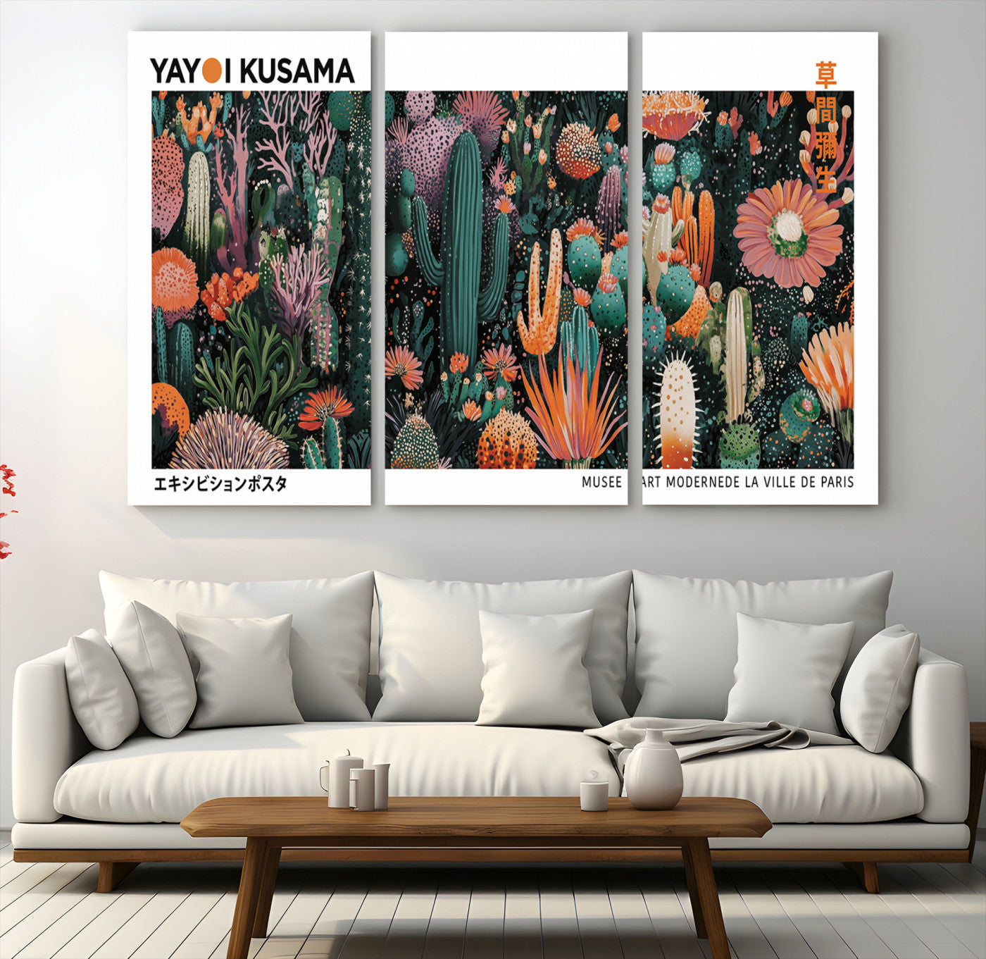 13391380-MGV-CV-48X32-3P-Modern Japanese Wall Art Print, Yayoi Kusama Print Wall Decor, Abstract Mount Fuji Canvas Print, Japanese Landscape Art Printing