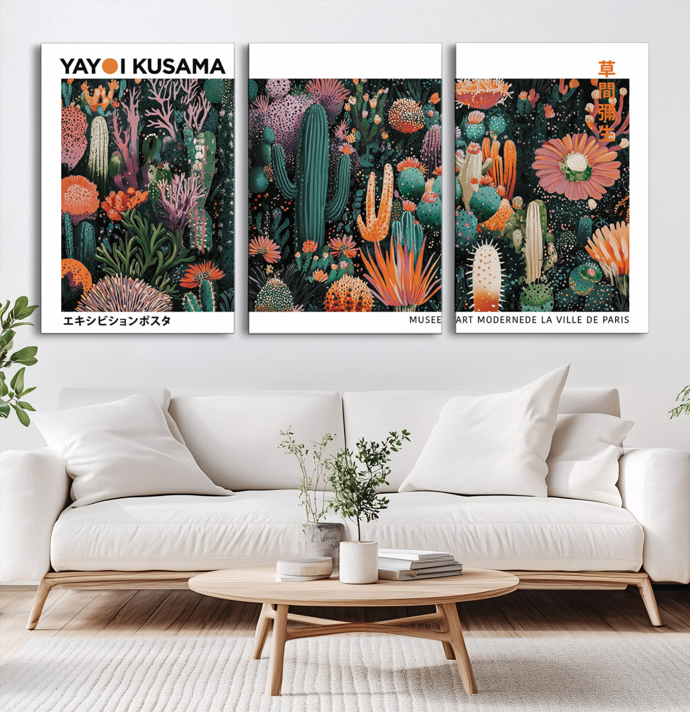 13391380-MGV-CV-60X30-3P-Modern Japanese Wall Art Print, Yayoi Kusama Print Wall Decor, Abstract Mount Fuji Canvas Print, Japanese Landscape Art Printing