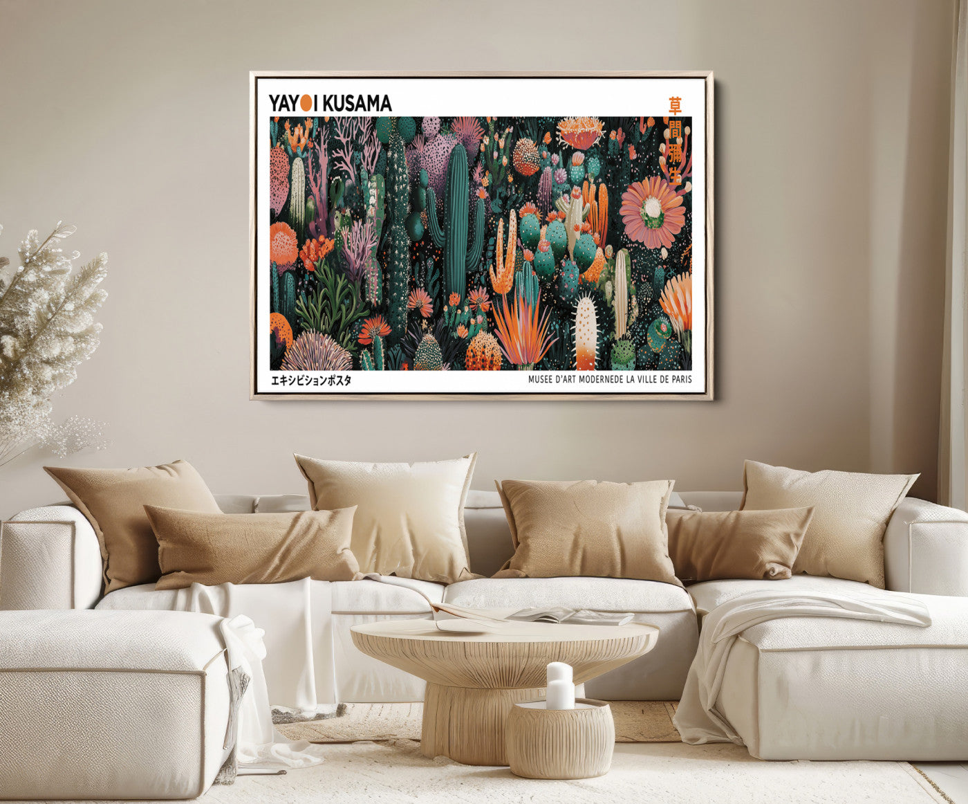13391380-MGV-FC-36X24_Natural-Modern Japanese Wall Art Print, Yayoi Kusama Print Wall Decor, Abstract Mount Fuji Canvas Print, Japanese Landscape Art Printing