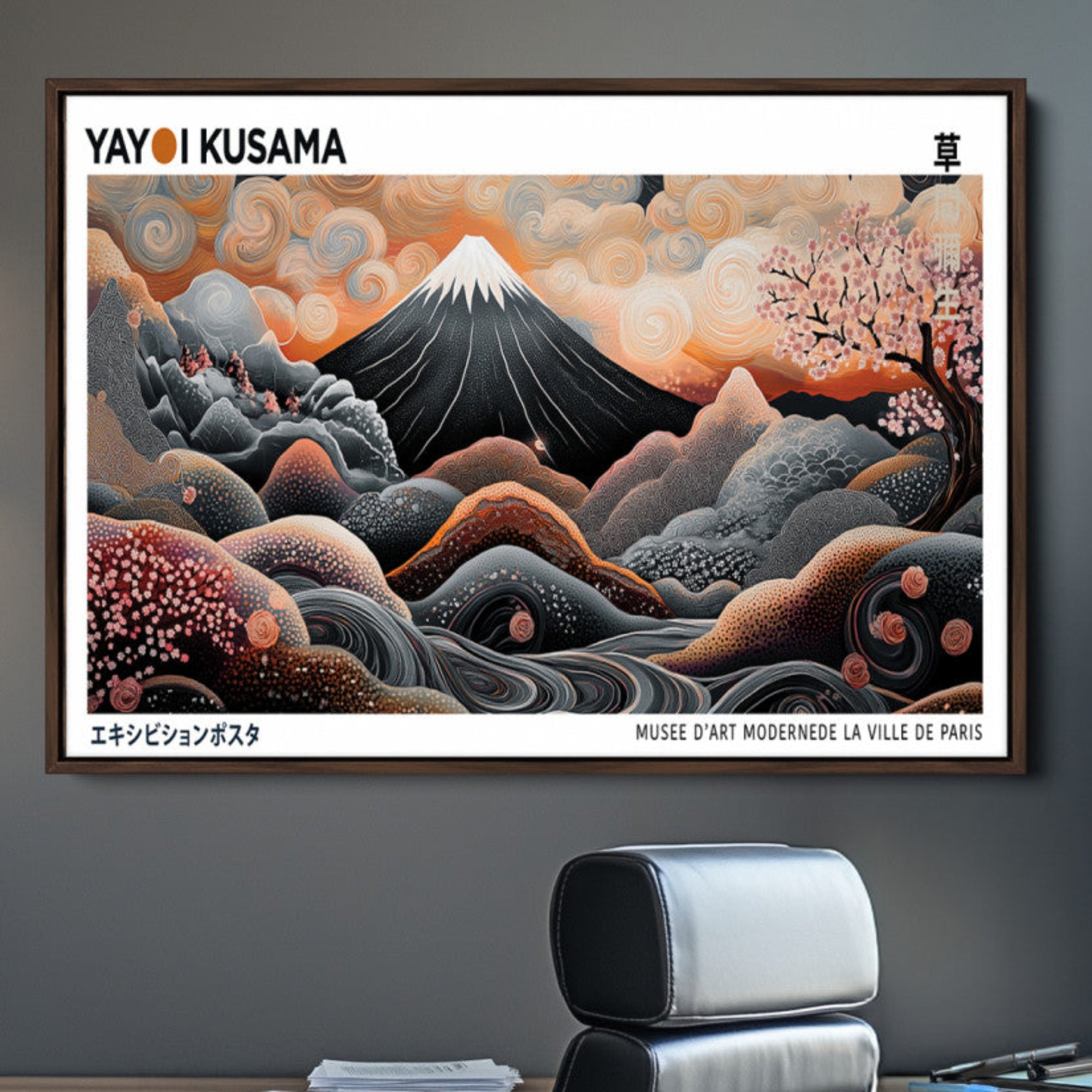 63125329-MGV-CV-36X24-Modern Japanese Wall Art Canvas Print – Framed Yayoi Kusama Abstract Mount Fuji Artwork for Home or Office, Living Room