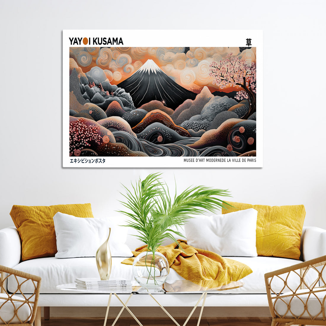 Modern Japanese Wall Art Canvas Print, Yayoi Kusama Wall Art, Framed Abstract Mount Fuji Print