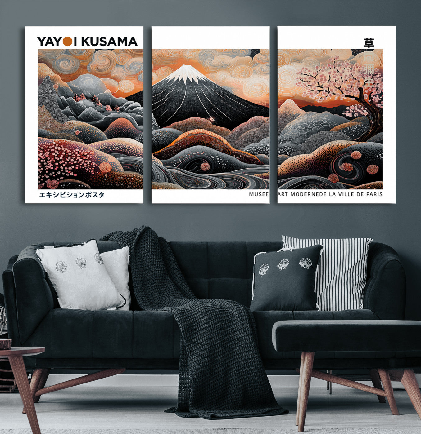 63125329-MGV-CV-36X24-Modern Japanese Wall Art Canvas Print – Framed Yayoi Kusama Abstract Mount Fuji Artwork for Home or Office, Living Room