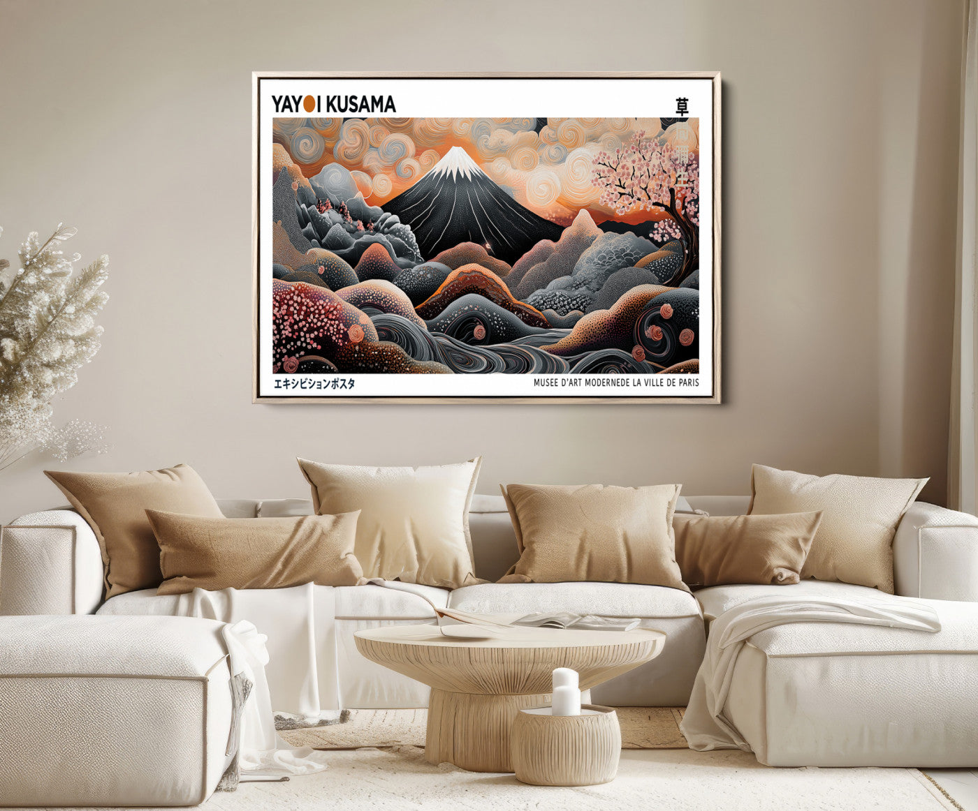 63125329-MGV-FC-36X24_Natural-Modern Japanese Wall Art Canvas Print – Framed Yayoi Kusama Abstract Mount Fuji Artwork for Home or Office, Living Room