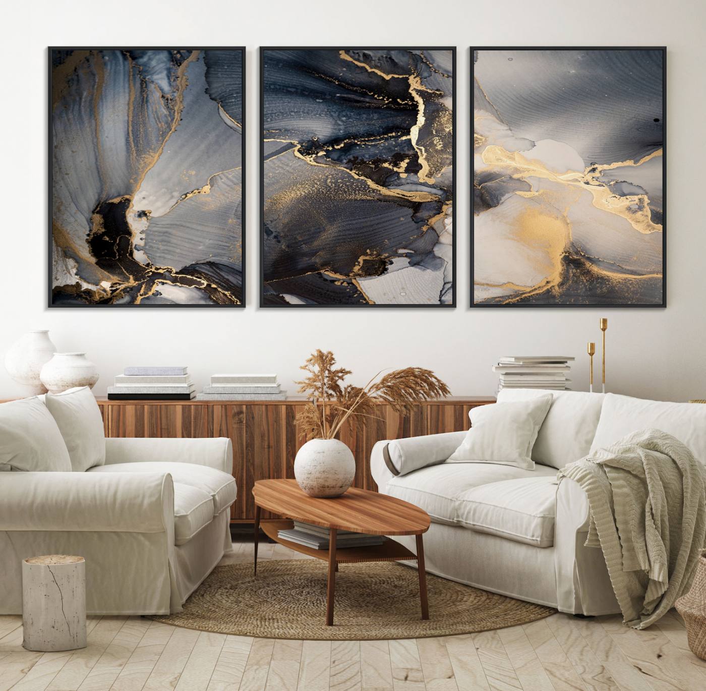 24068-MGV-FC-60X30-3P_Black-Modern Marble Fluid Effect Wall Art Abstract Canvas Wall Art Print