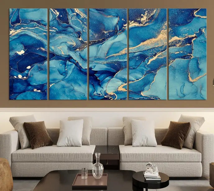 The living room features the Modern Marble Fluid Effect Abstract Canvas Wall Art with a gallery-wrapped design.