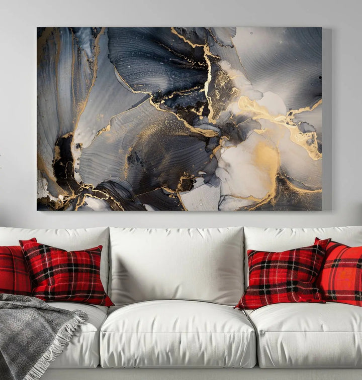 The contemporary living room showcases stunning abstract paintings on the wall, featured as the "Modern Marble Fluid Effect Wall Art Abstract Canvas Wall Art Print," all presented on museum-quality canvases.