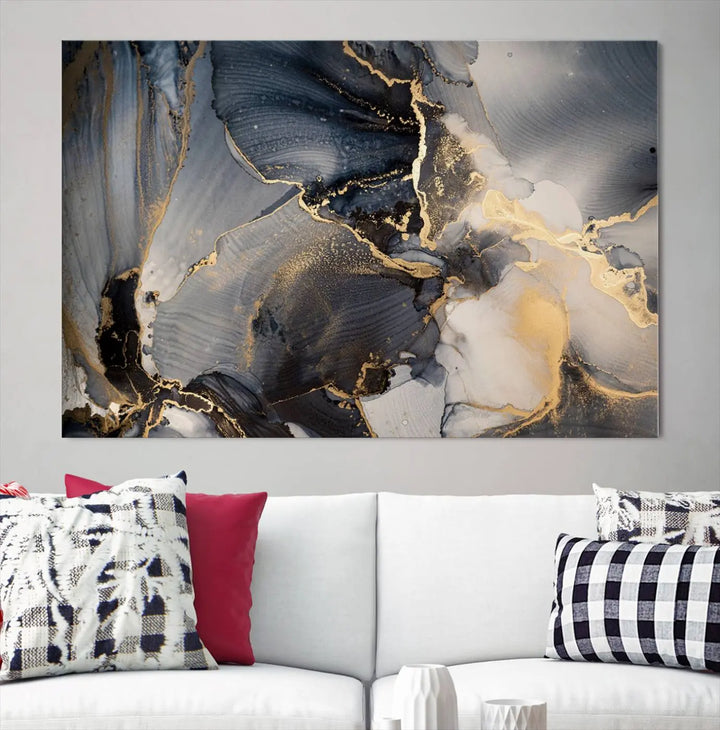 The contemporary living room showcases stunning abstract paintings on the wall, featured as the "Modern Marble Fluid Effect Wall Art Abstract Canvas Wall Art Print," all presented on museum-quality canvases.