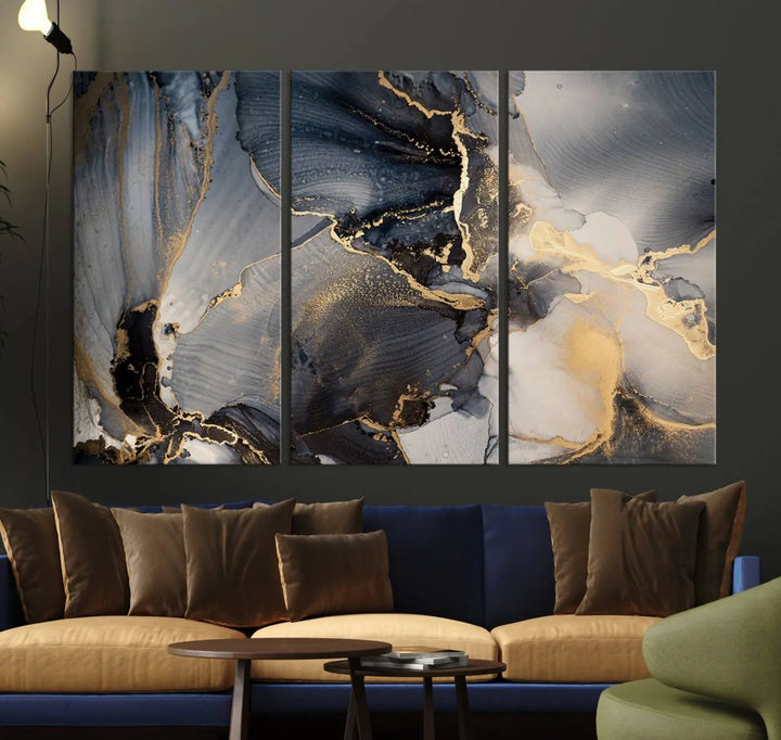 The contemporary living room showcases stunning abstract paintings on the wall, featured as the "Modern Marble Fluid Effect Wall Art Abstract Canvas Wall Art Print," all presented on museum-quality canvases.