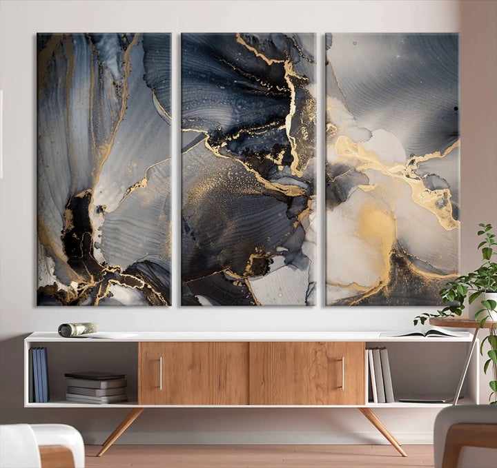 The contemporary living room showcases stunning abstract paintings on the wall, featured as the "Modern Marble Fluid Effect Wall Art Abstract Canvas Wall Art Print," all presented on museum-quality canvases.