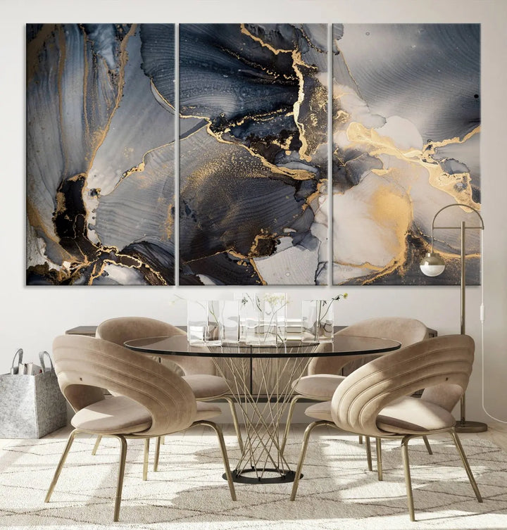 The contemporary living room showcases stunning abstract paintings on the wall, featured as the "Modern Marble Fluid Effect Wall Art Abstract Canvas Wall Art Print," all presented on museum-quality canvases.