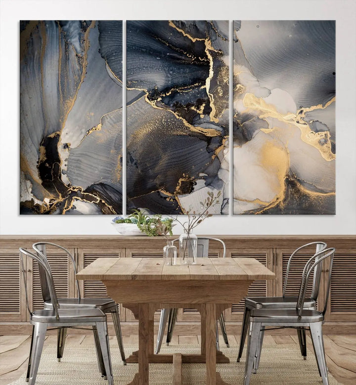 The contemporary living room showcases stunning abstract paintings on the wall, featured as the "Modern Marble Fluid Effect Wall Art Abstract Canvas Wall Art Print," all presented on museum-quality canvases.