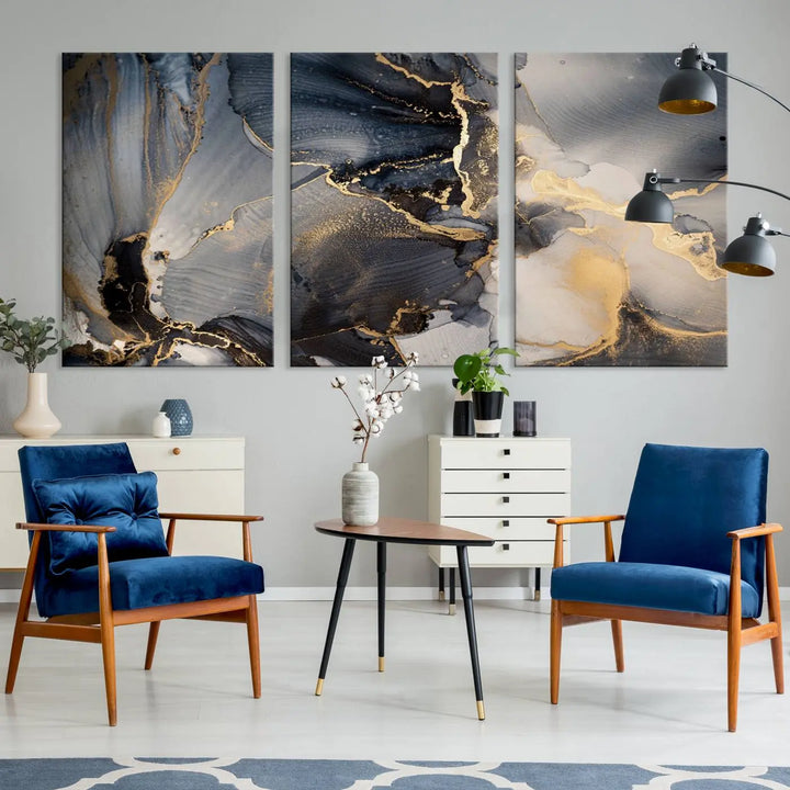 The contemporary living room showcases stunning abstract paintings on the wall, featured as the "Modern Marble Fluid Effect Wall Art Abstract Canvas Wall Art Print," all presented on museum-quality canvases.