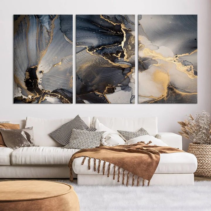 The contemporary living room showcases stunning abstract paintings on the wall, featured as the "Modern Marble Fluid Effect Wall Art Abstract Canvas Wall Art Print," all presented on museum-quality canvases.