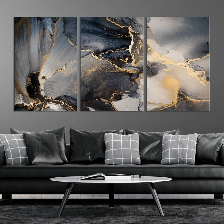 The contemporary living room showcases stunning abstract paintings on the wall, featured as the "Modern Marble Fluid Effect Wall Art Abstract Canvas Wall Art Print," all presented on museum-quality canvases.