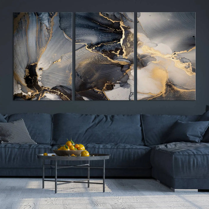 The contemporary living room showcases stunning abstract paintings on the wall, featured as the "Modern Marble Fluid Effect Wall Art Abstract Canvas Wall Art Print," all presented on museum-quality canvases.