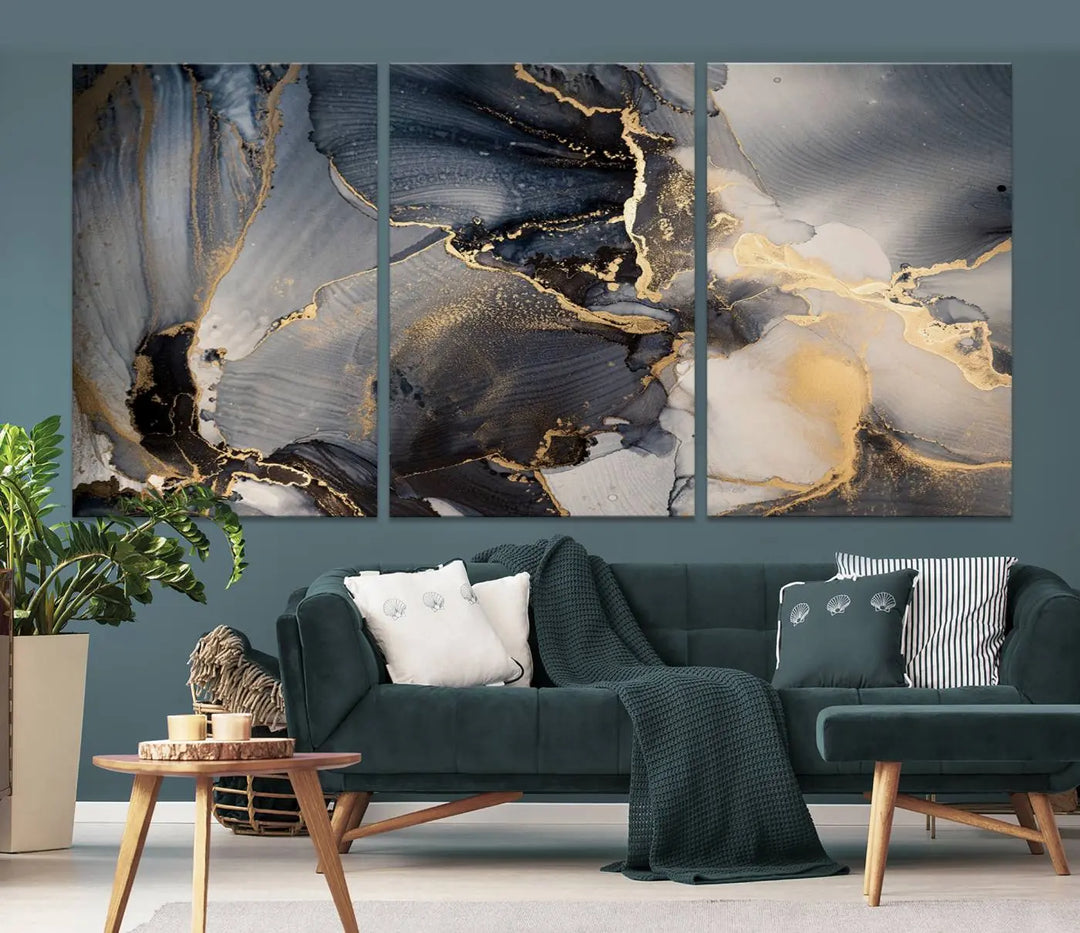 The contemporary living room showcases stunning abstract paintings on the wall, featured as the "Modern Marble Fluid Effect Wall Art Abstract Canvas Wall Art Print," all presented on museum-quality canvases.