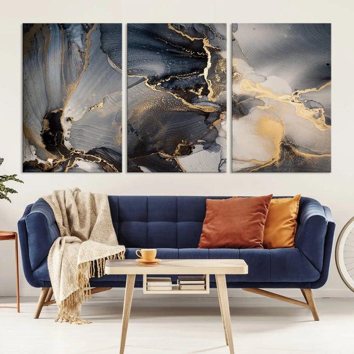 The contemporary living room showcases stunning abstract paintings on the wall, featured as the "Modern Marble Fluid Effect Wall Art Abstract Canvas Wall Art Print," all presented on museum-quality canvases.