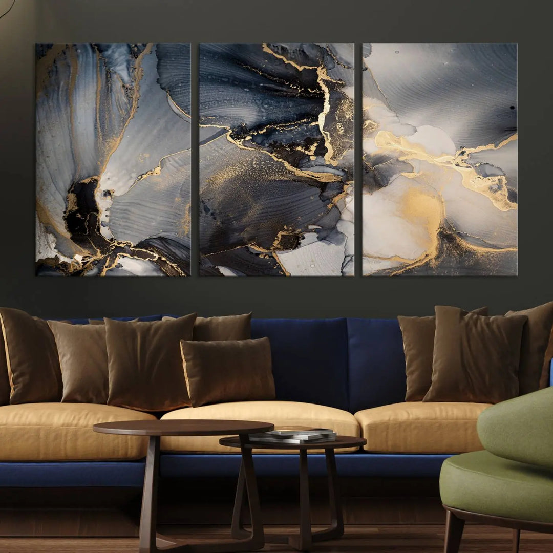 The contemporary living room showcases stunning abstract paintings on the wall, featured as the "Modern Marble Fluid Effect Wall Art Abstract Canvas Wall Art Print," all presented on museum-quality canvases.