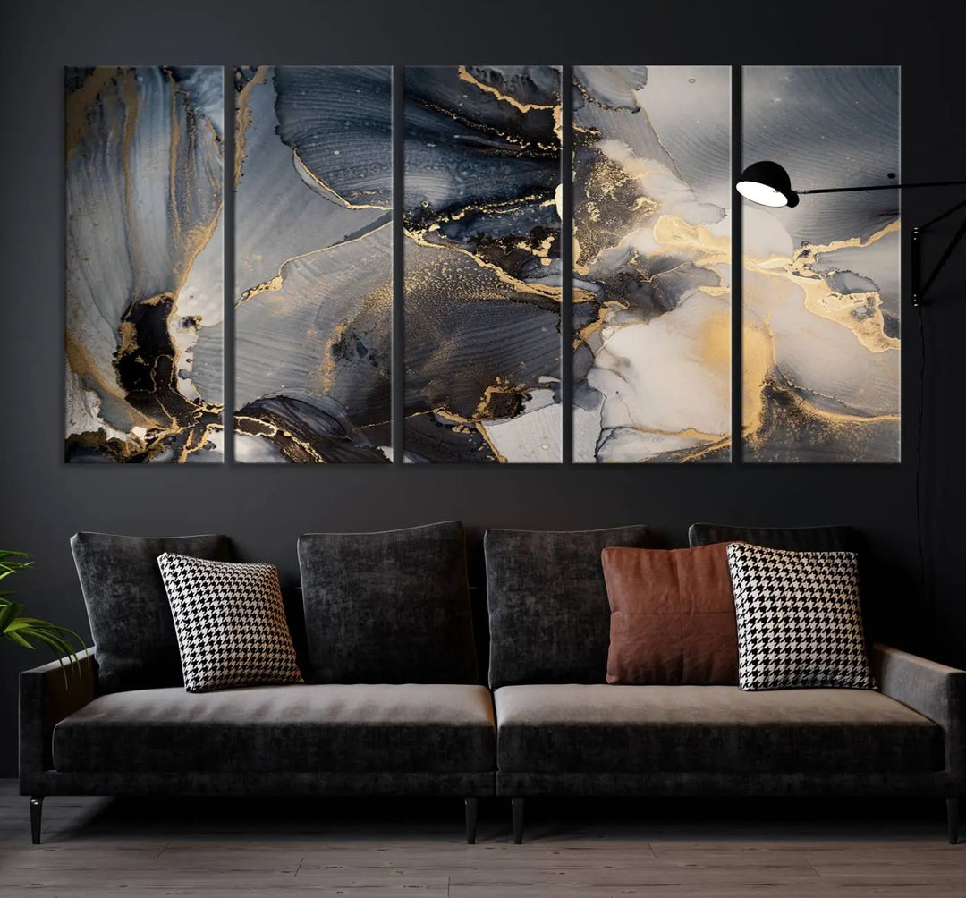 The contemporary living room showcases stunning abstract paintings on the wall, featured as the "Modern Marble Fluid Effect Wall Art Abstract Canvas Wall Art Print," all presented on museum-quality canvases.