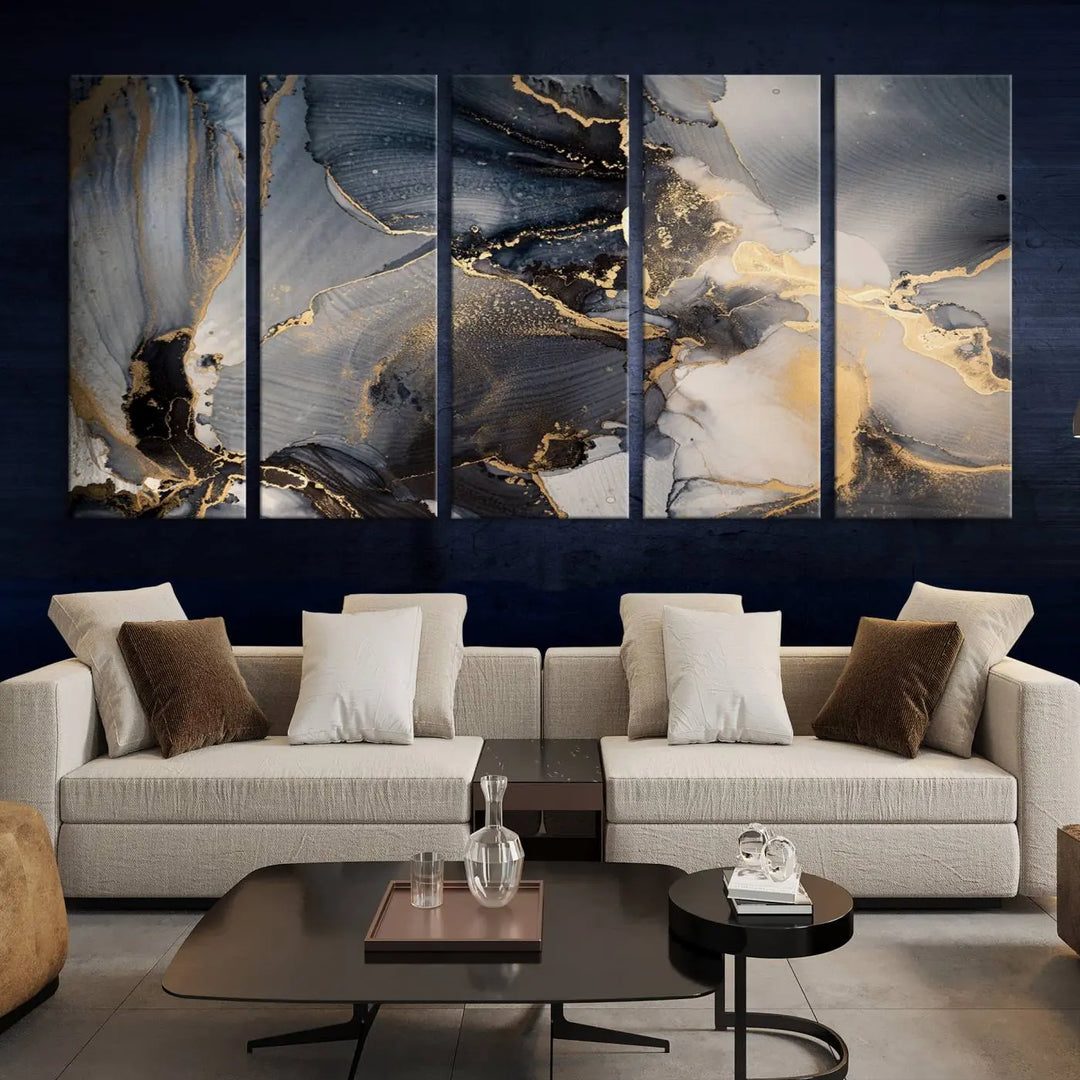 The contemporary living room showcases stunning abstract paintings on the wall, featured as the "Modern Marble Fluid Effect Wall Art Abstract Canvas Wall Art Print," all presented on museum-quality canvases.