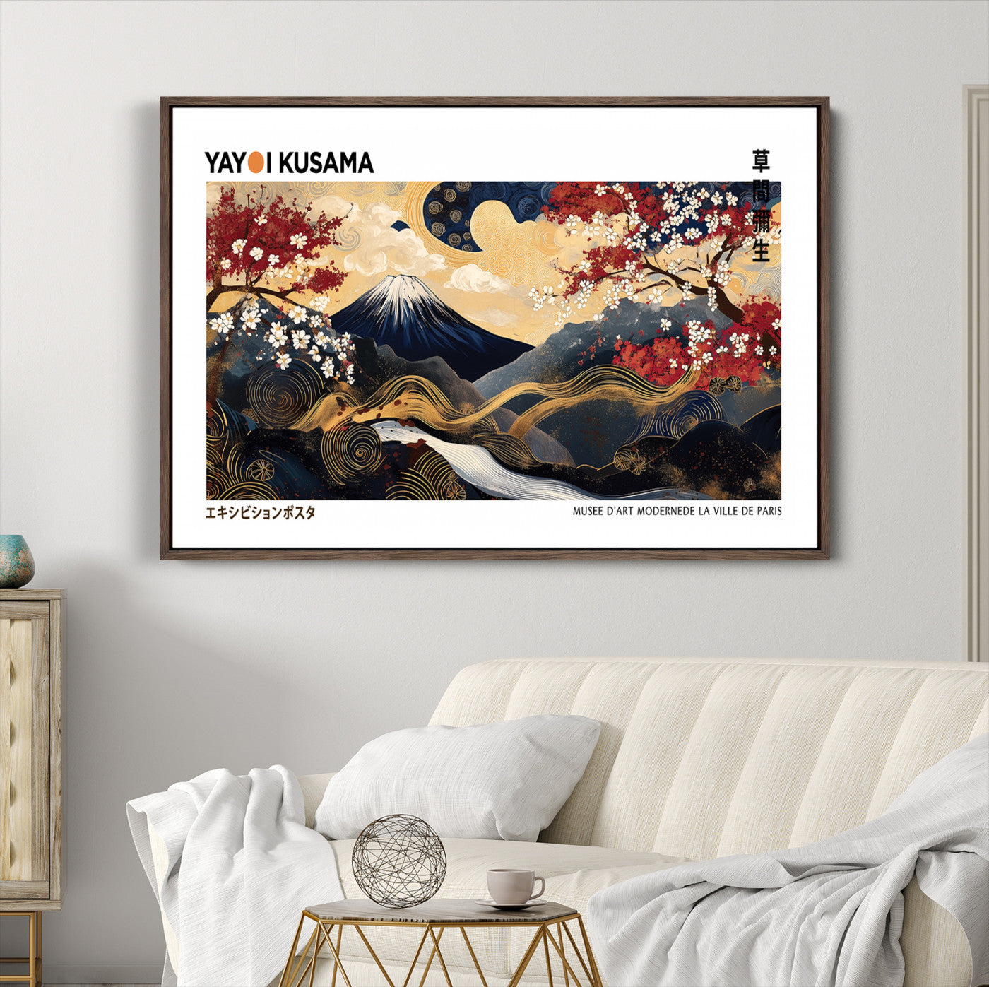 66243961-MGC-FP-36x24_Walnut-Modern Mount Fuji Print, Yayoi Kusama Canvas Wall Art, Abstract Mount Fuji Canvas Print, Japanese Landscape Art Printing