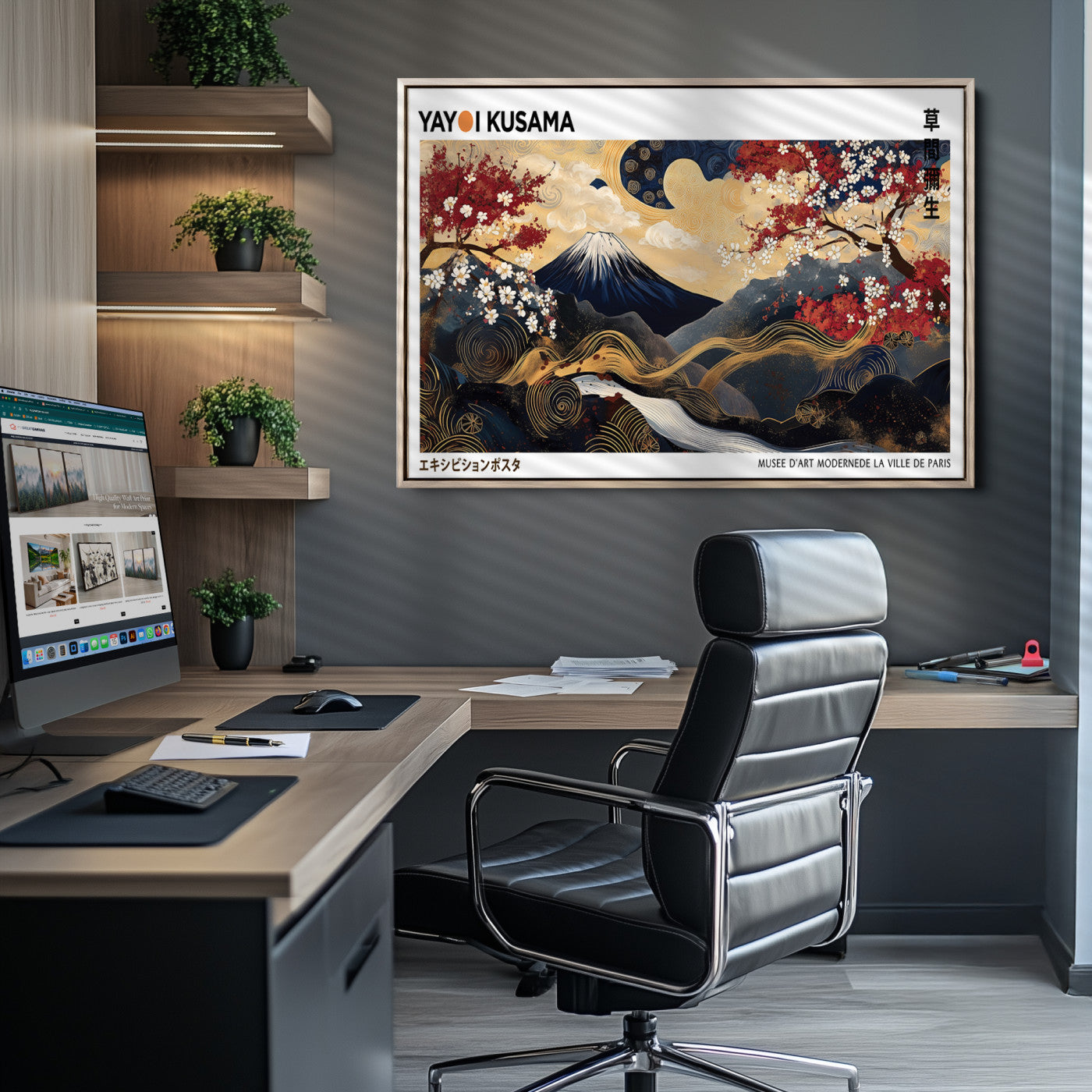 66243961-MGV-CV-36X24-Modern Mount Fuji Print, Yayoi Kusama Canvas Wall Art, Abstract Mount Fuji Canvas Print, Japanese Landscape Art Printing