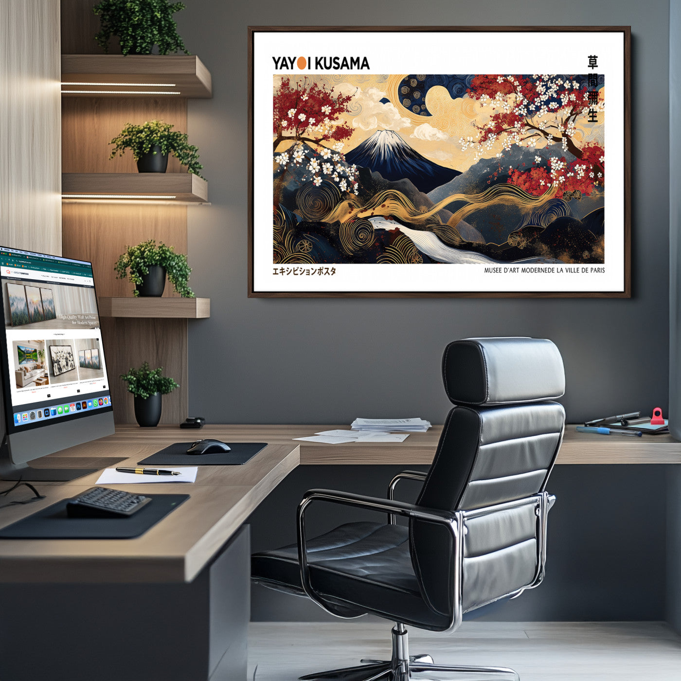 66243961-MGV-CV-36X24-Modern Mount Fuji Print, Yayoi Kusama Canvas Wall Art, Abstract Mount Fuji Canvas Print, Japanese Landscape Art Printing