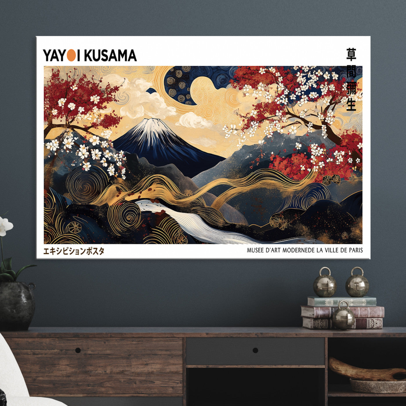 66243961-MGV-CV-36X24-Modern Mount Fuji Print, Yayoi Kusama Canvas Wall Art, Abstract Mount Fuji Canvas Print, Japanese Landscape Art Printing