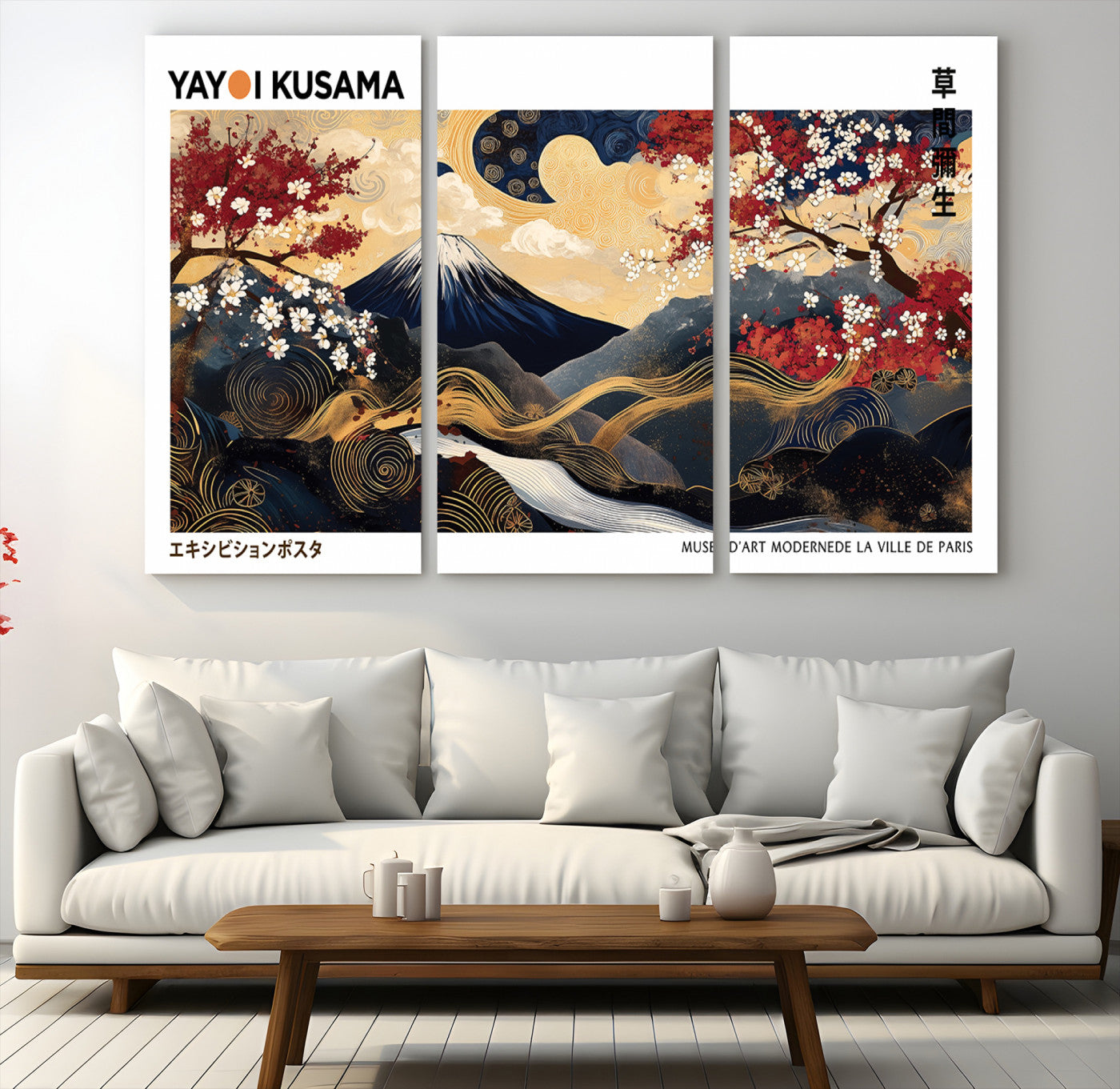 66243961-MGV-CV-48X32-3P-Modern Mount Fuji Print, Yayoi Kusama Canvas Wall Art, Abstract Mount Fuji Canvas Print, Japanese Landscape Art Printing