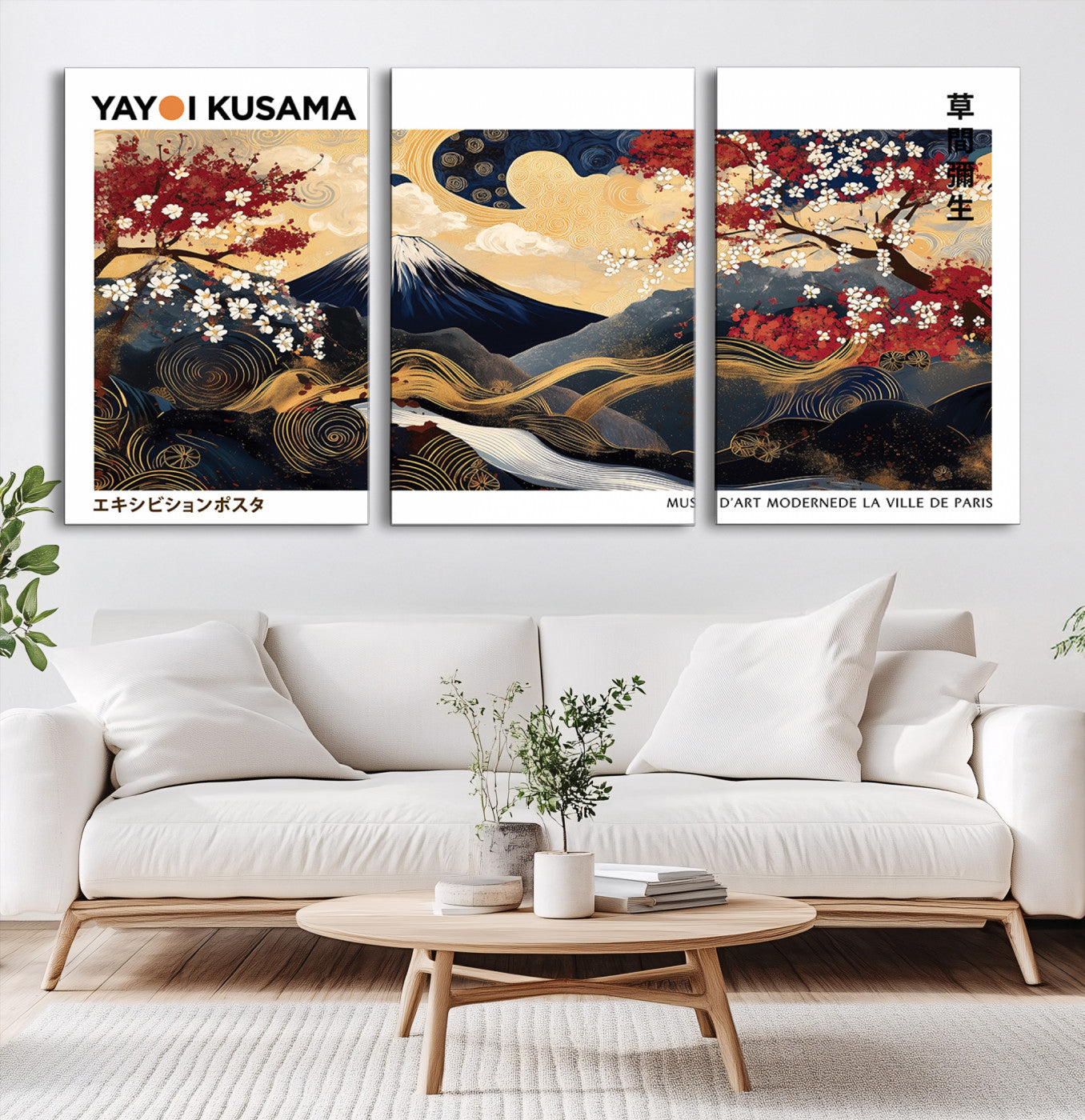 66243961-MGV-CV-60X30-3P-Modern Mount Fuji Print, Yayoi Kusama Canvas Wall Art, Abstract Mount Fuji Canvas Print, Japanese Landscape Art Printing