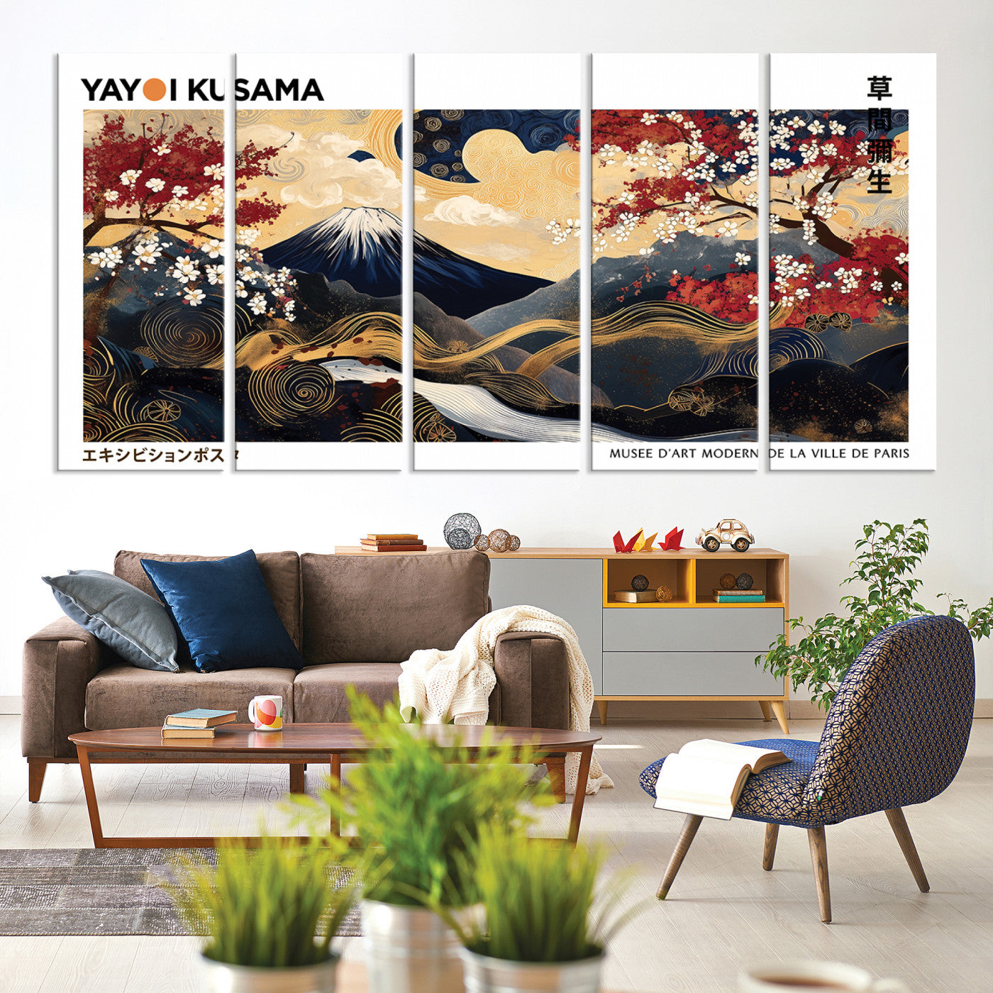 66243961-MGV-CV-60X31-5P-Modern Mount Fuji Print, Yayoi Kusama Canvas Wall Art, Abstract Mount Fuji Canvas Print, Japanese Landscape Art Printing