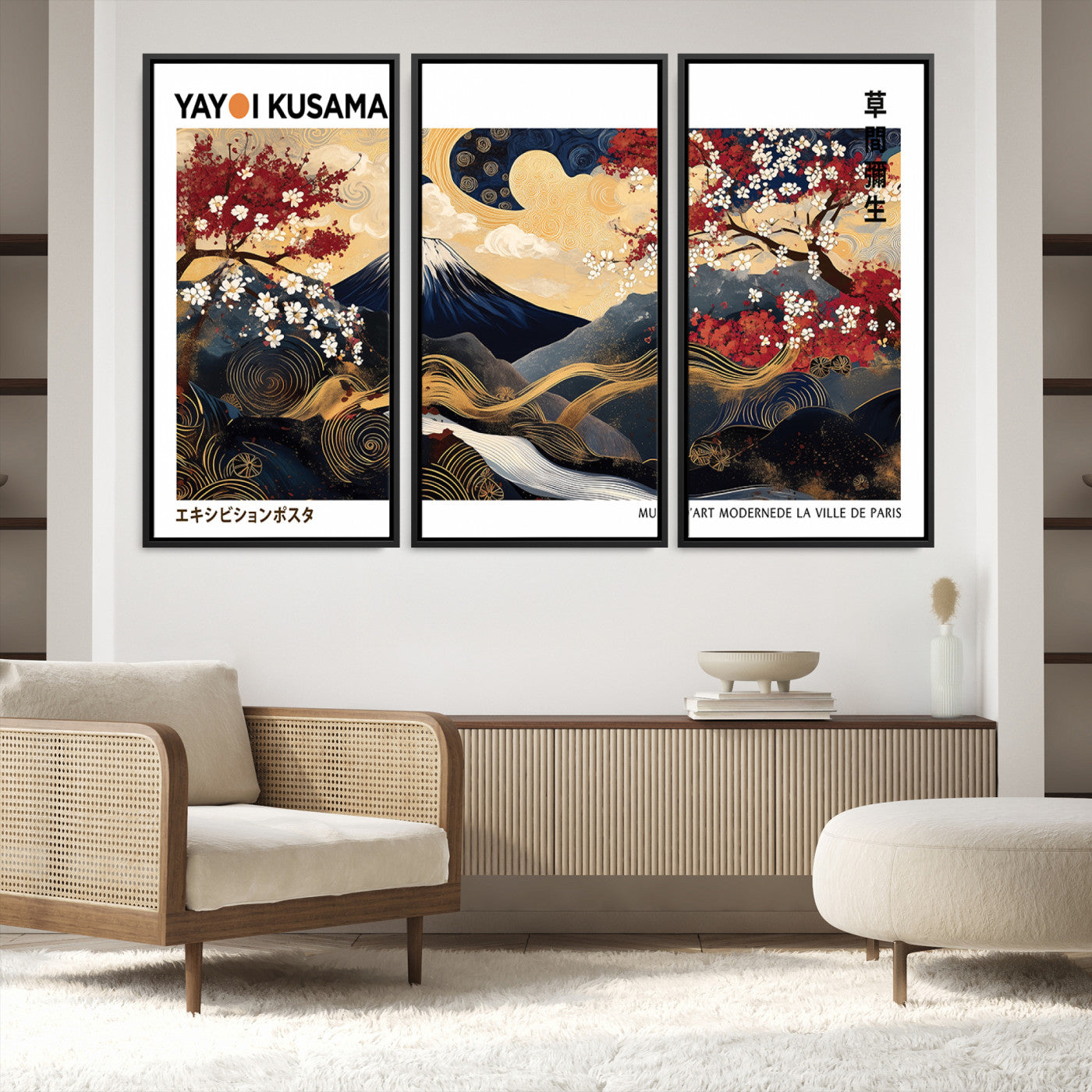 66243961-MGV-FC-48X32-3P_Black-Modern Mount Fuji Print, Yayoi Kusama Canvas Wall Art, Abstract Mount Fuji Canvas Print, Japanese Landscape Art Printing
