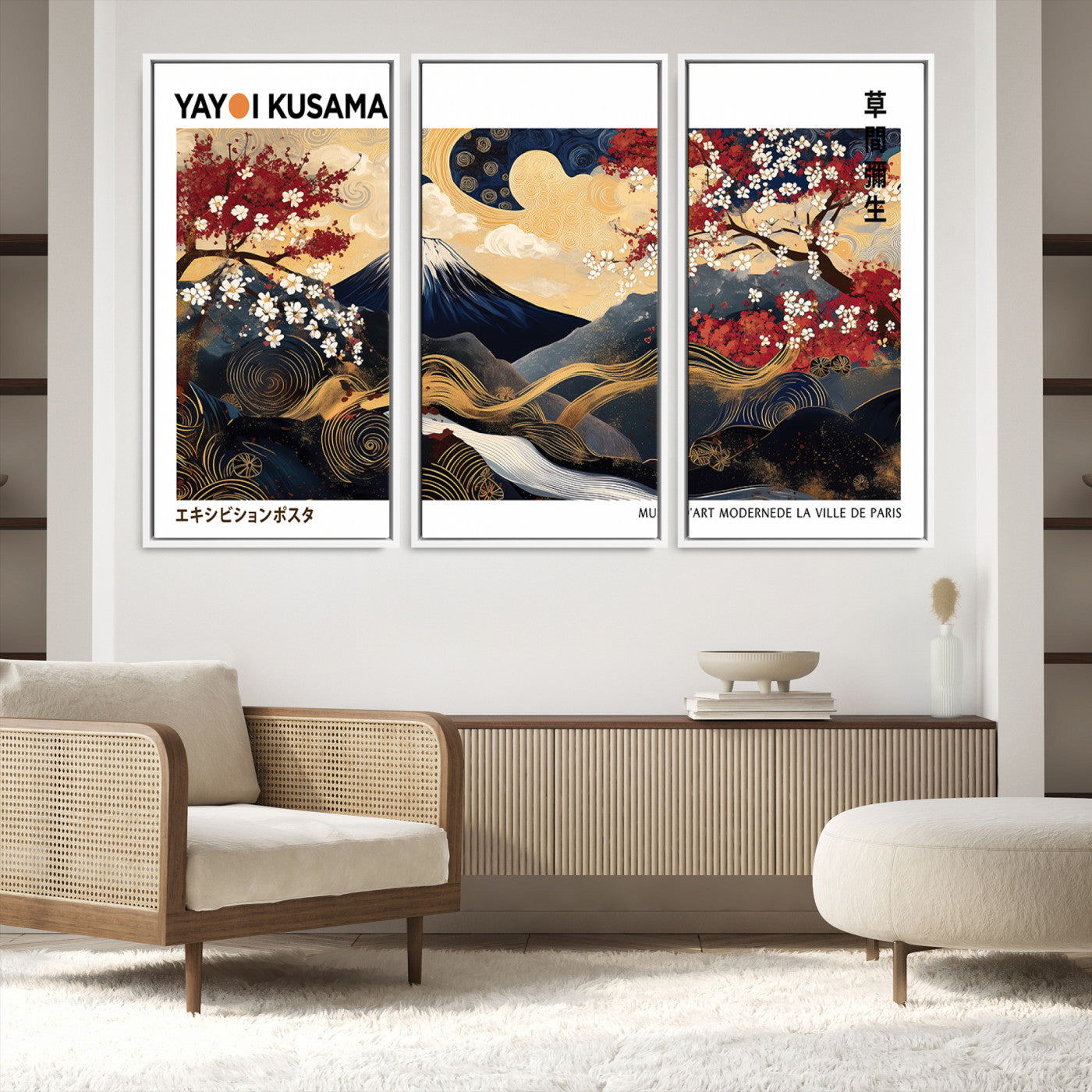 66243961-MGV-FC-48X32-3P_White-Modern Mount Fuji Print, Yayoi Kusama Canvas Wall Art, Abstract Mount Fuji Canvas Print, Japanese Landscape Art Printing