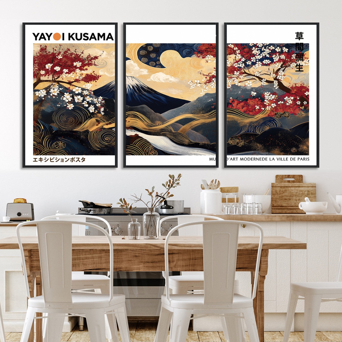 66243961-MGV-FC-60X30-3P_Black-Modern Mount Fuji Print, Yayoi Kusama Canvas Wall Art, Abstract Mount Fuji Canvas Print, Japanese Landscape Art Printing