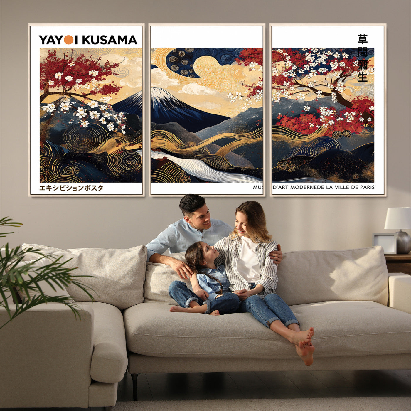 66243961-MGV-FC-60X30-3P_Natural-Modern Mount Fuji Print, Yayoi Kusama Canvas Wall Art, Abstract Mount Fuji Canvas Print, Japanese Landscape Art Printing