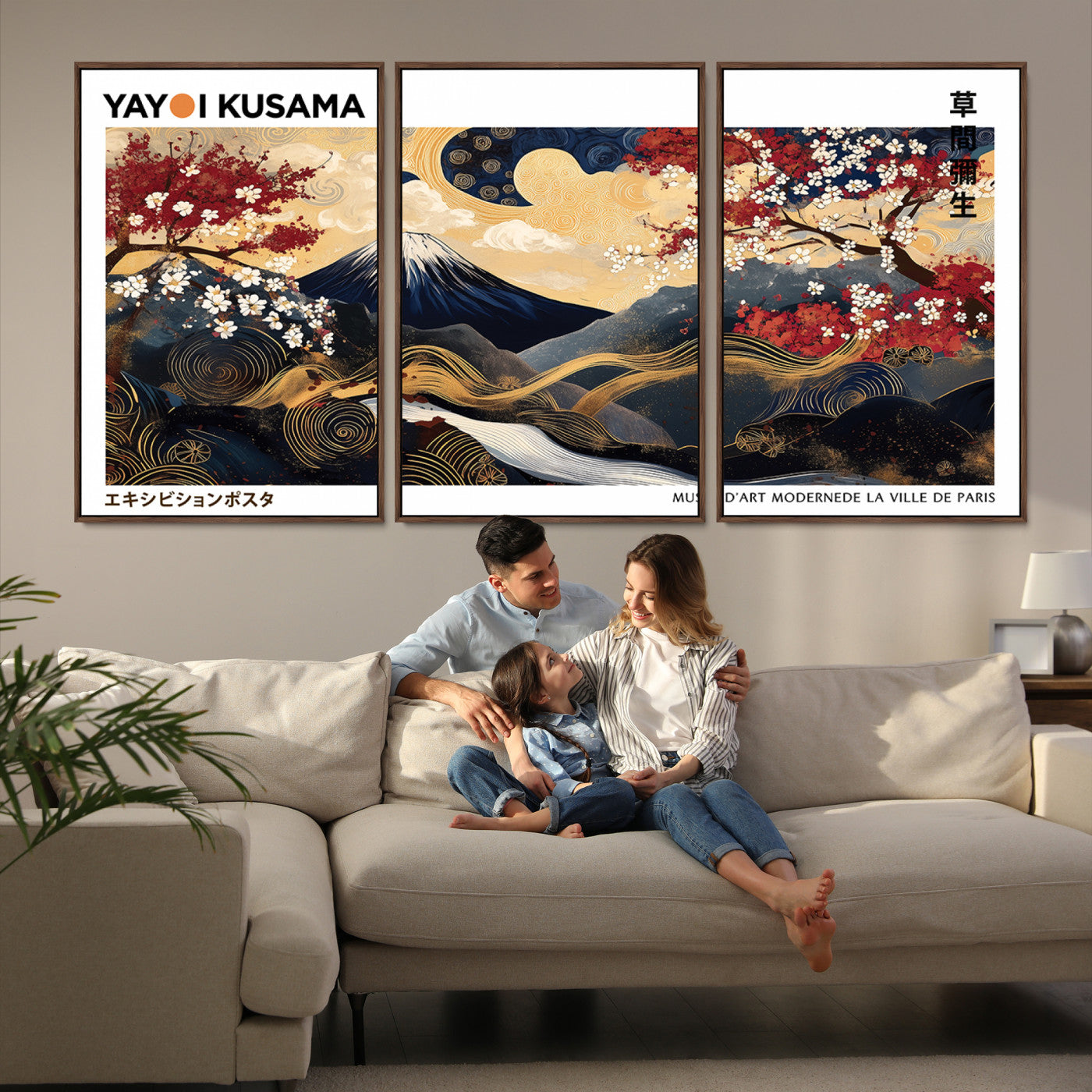 66243961-MGV-FC-60X30-3P_Walnut-Modern Mount Fuji Print, Yayoi Kusama Canvas Wall Art, Abstract Mount Fuji Canvas Print, Japanese Landscape Art Printing