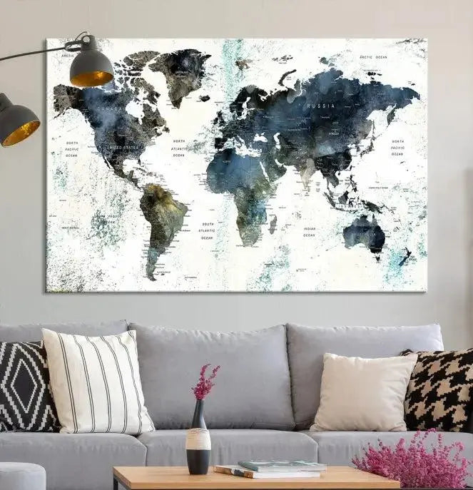 Modern World Map Canvas Print – Contemporary Triptych Wall Art – Blue and White Global Map Decor – Ready to Hang for Home or Office