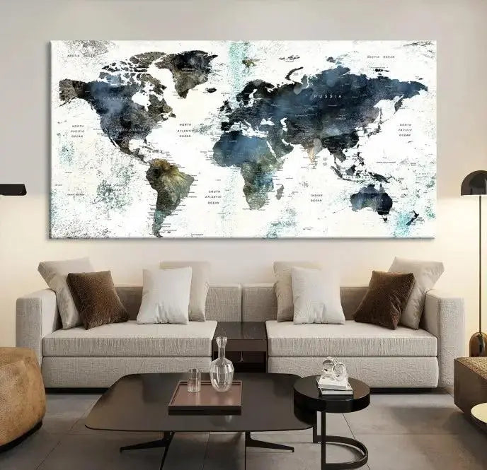 Modern World Map Canvas Print – Contemporary Triptych Wall Art – Blue and White Global Map Decor – Ready to Hang for Home or Office